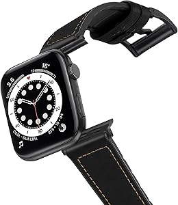 Liuxixi Compatible Apple Watch Band SE Series 6 44mm 42mm, Sweatproof Hybrid Genuine Leather and Silicone Sports Watch Band Replacement Strap Classic Bands Buckle iWatch SE Series 6 5 4 3 2 1,Black