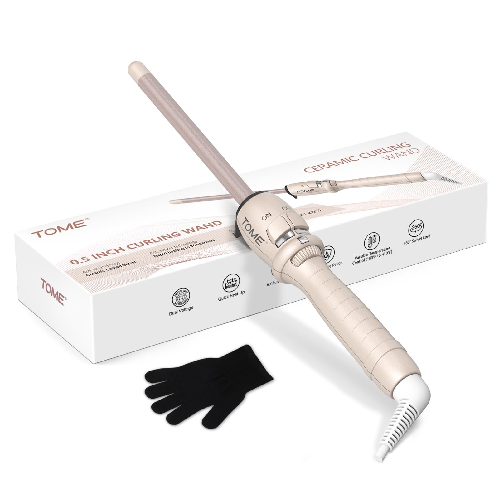 Photo 1 of 1/2 Inch Dual Voltage Hair Curling Wand for Beach Waves, Frizz-Free, and Lasting Curls - Salon Hair Curlers and Styling Tool for Short & Long Hair, Heat Glove Included