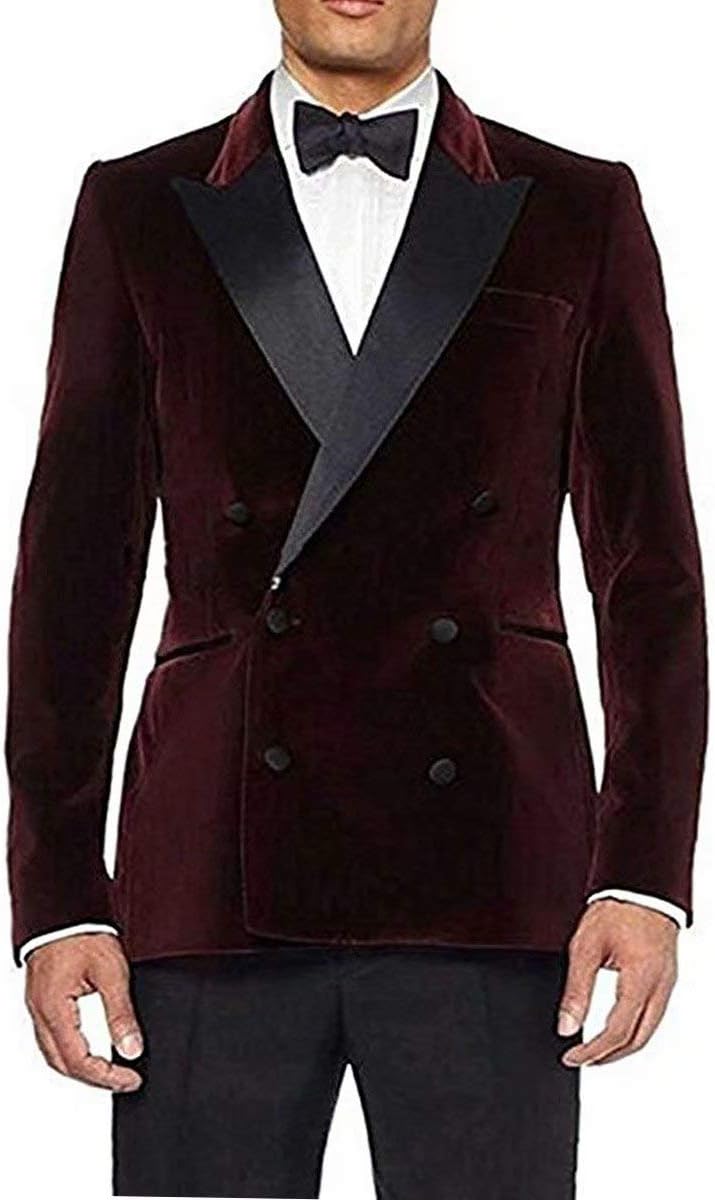 RONGKIM Men's 2 Piece Velvet Suit Peak Lapel Double Breasted Party Blazer Leisure Suit