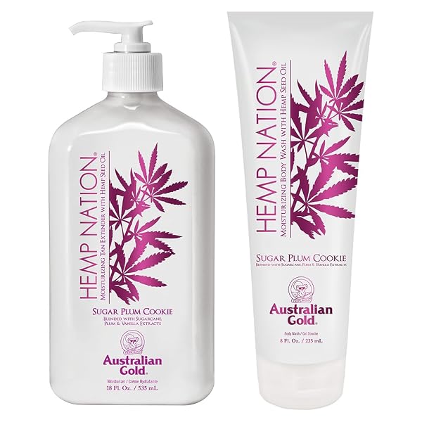 AUSTRALIAN GOLD HEMP NATION SUGAR PLUM COOKIE BUNDLE – TAN EXTENDER BODY LOTION (18 FL OZ) AND BODY WASH (8 FL OZ), DELECTABLE BLEND OF SUGARCANE, PLUM, AND VANILLA, PURE HEMP SEED OIL