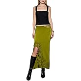 MakeMeChic Women's Satin Lace Midi Skirt Low Waist Split Side Cocktail Party Maxi Skirts