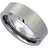 Tungsten Carbide 8 mm Flat Wedding Band Ring Satin Finished Beveled Edges sizes 9 to 14