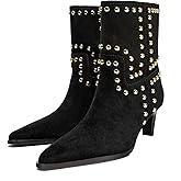 NHBEOEN Suede Kitten Heel Ankle Boots for Women Fashion Rivets Pointed Toe Pull On Comfortable Low Heel Booties Vintage Party Dating Dress Short Boots