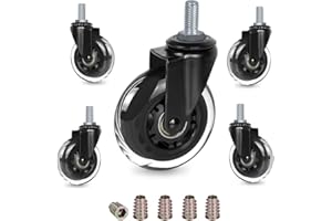 8T8 3" Office Chair Caster Wheels Heavy Duty, Set of 5, 3/8"-16x1" (Not Metric M10), Threaded Stem Casters with Set Screw, Replacement PU Rubber Wheels, Safe for Hardwood Tile Floors