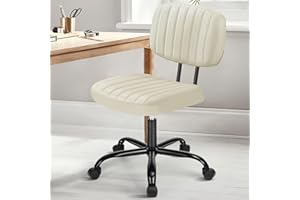 DUMOS Small Armless Home Desk Chair with Low Back Lumbar Support, Height Adjustable PU Leather Computer Task Chair with 360° Swivel Wheels, for Small Space, Kids and Adults, Beige White