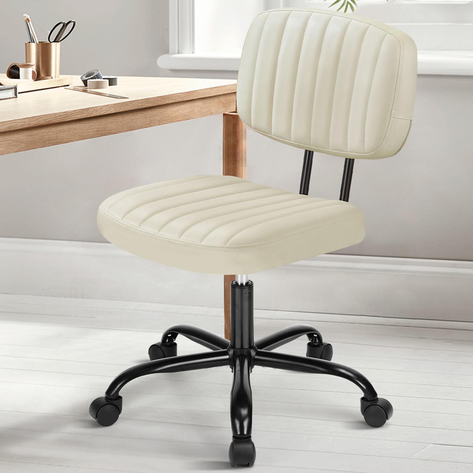 Photo 1 of ****SIMILAR***

DUMOS Small Armless Home Desk Chair with Low Back Lumbar Support, Height Adjustable PU Leather Computer Task Chair with 360° Swivel Wheels, for Small Space, Kids and Adults, Beige White