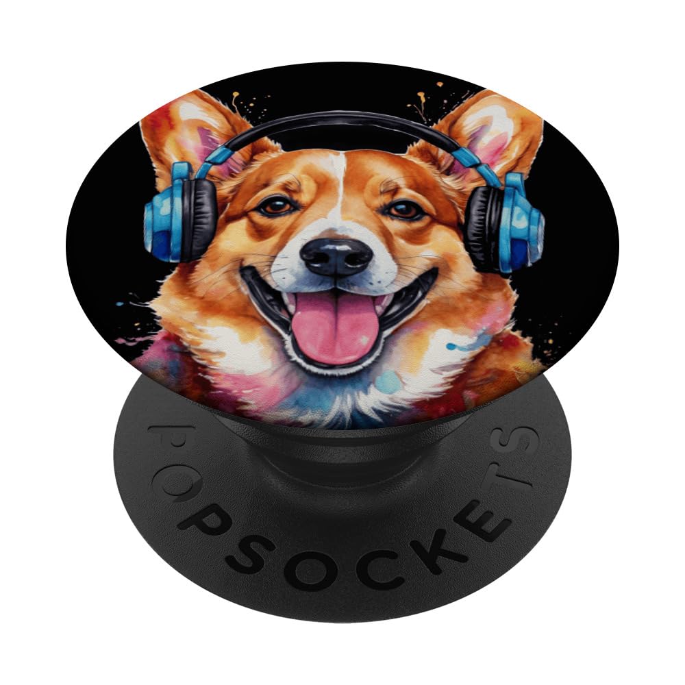 Corgi Headphones Dog Colorful Funny Animal Art Print Graphic PopSockets Swappable PopGrip