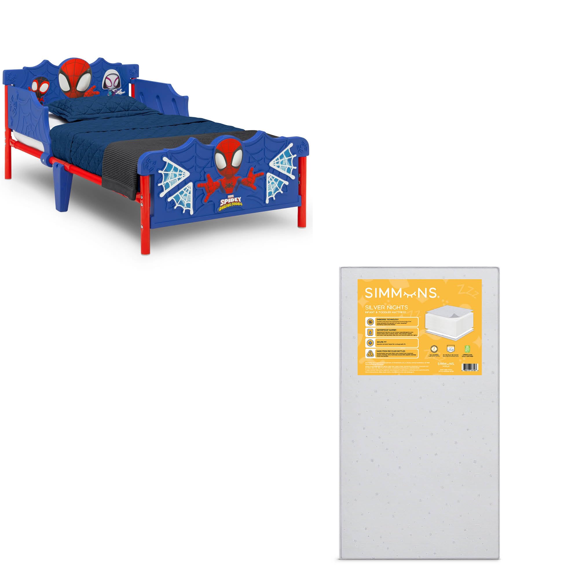 Delta Children - Spidey and His Amazing Friends 3D Toddler Bed, Blue + Simmons Kids Silver Nights Dual Sided 2-Stage Baby Crib Mattress (Bundle) Image