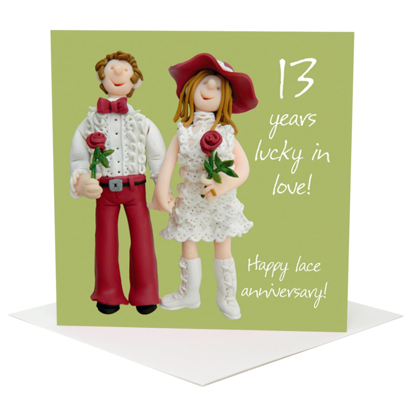 Holy Mackerel thirteen years together lace 13th wedding anniversary card for a couple - designed by artist Erica Sturla - 15cm square and blank inside for your message - made in the UK