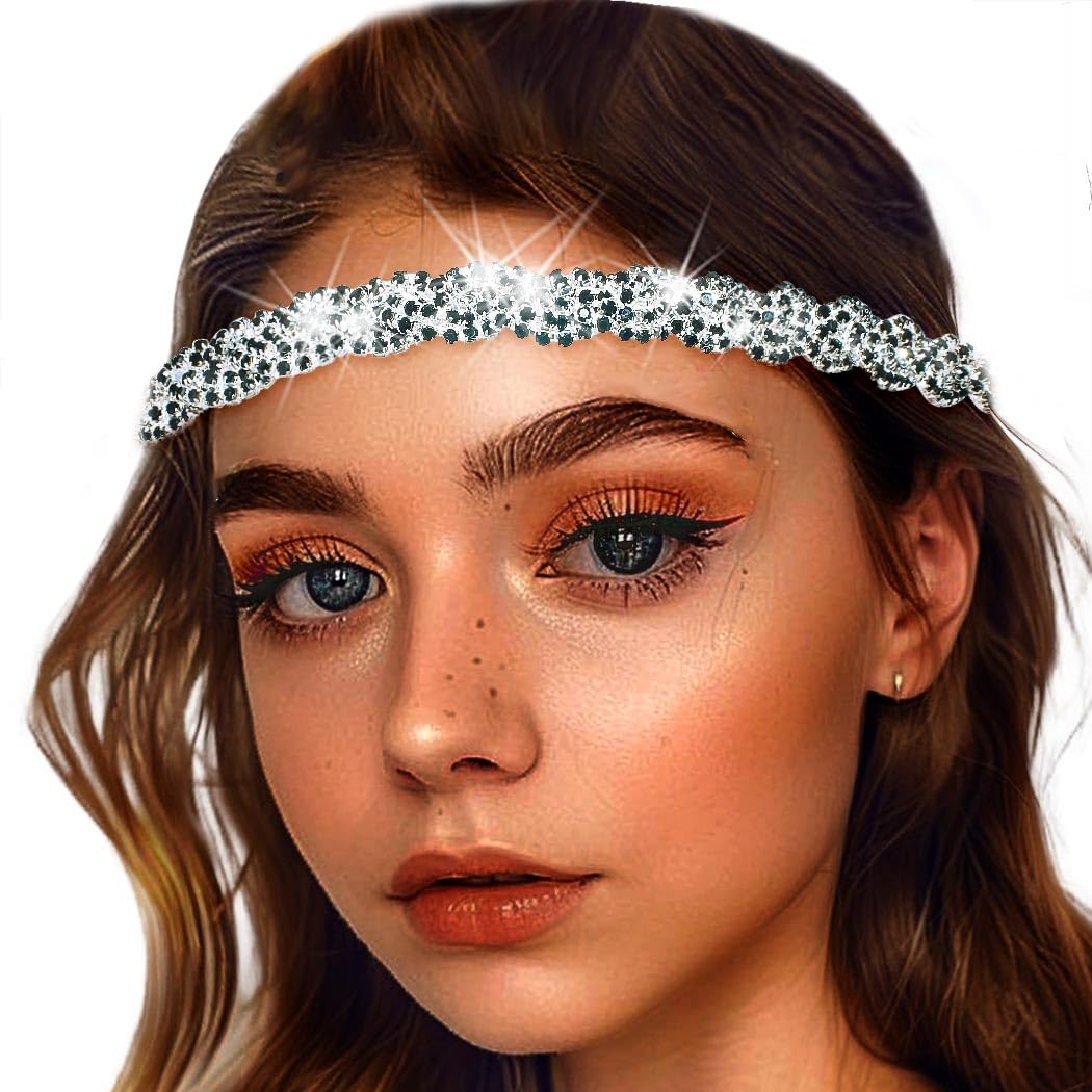 Women's Rhinestone Headbands Sparkly Elestic Hairband Vintage Metal Headbands Sparkly Elegant Party Daily Head Chain (Black, M)