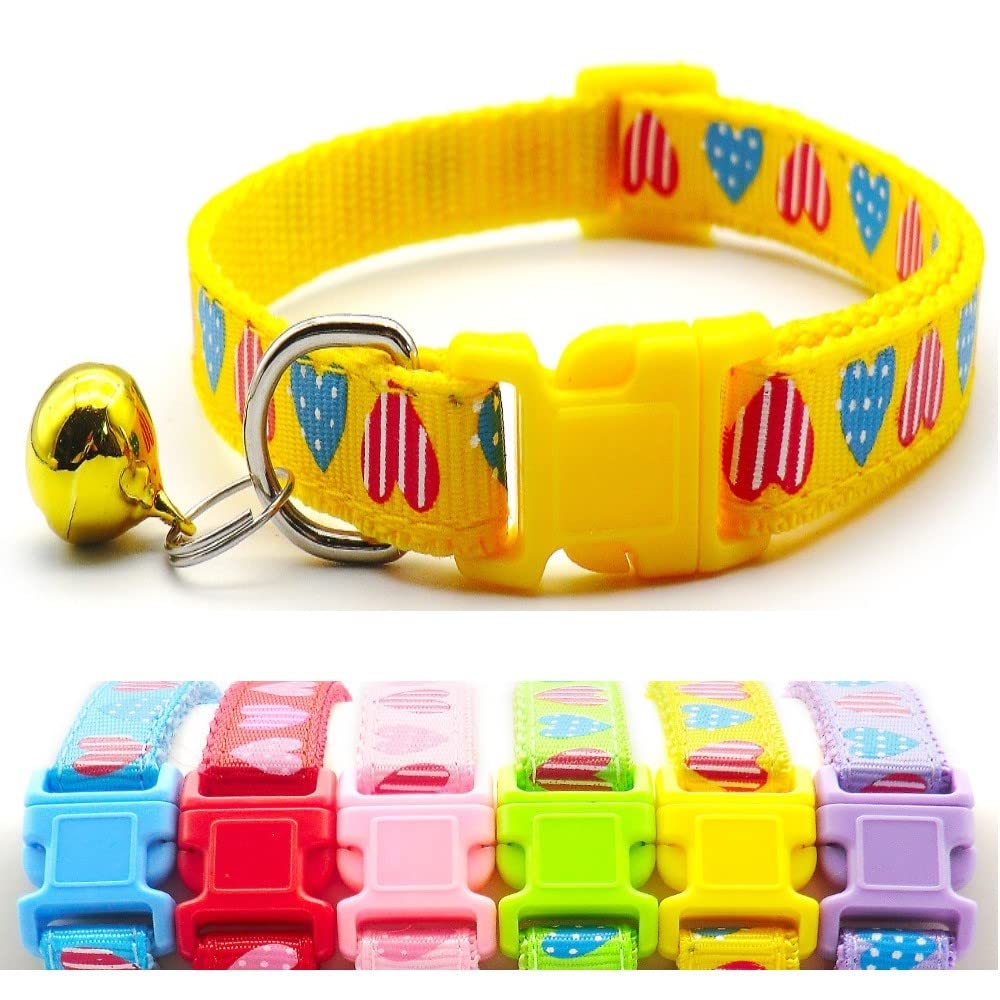 Small Dog Puppy Pet Collar Love Heart Design with Bell Nylon Adjustable Size 19-32cm Yellow