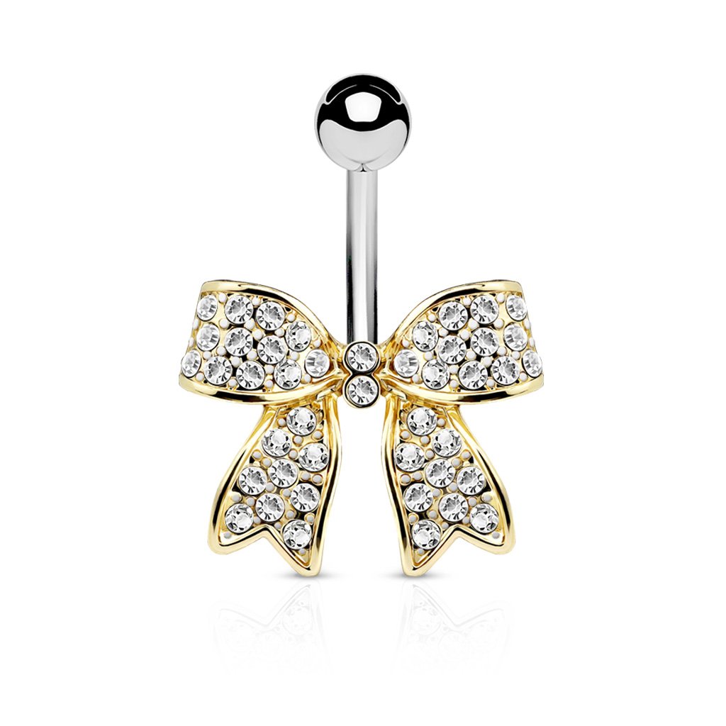 PiercedOff 316L Surgical Steel Belly Bar with Gold Tone and Clear CZ Ribbon