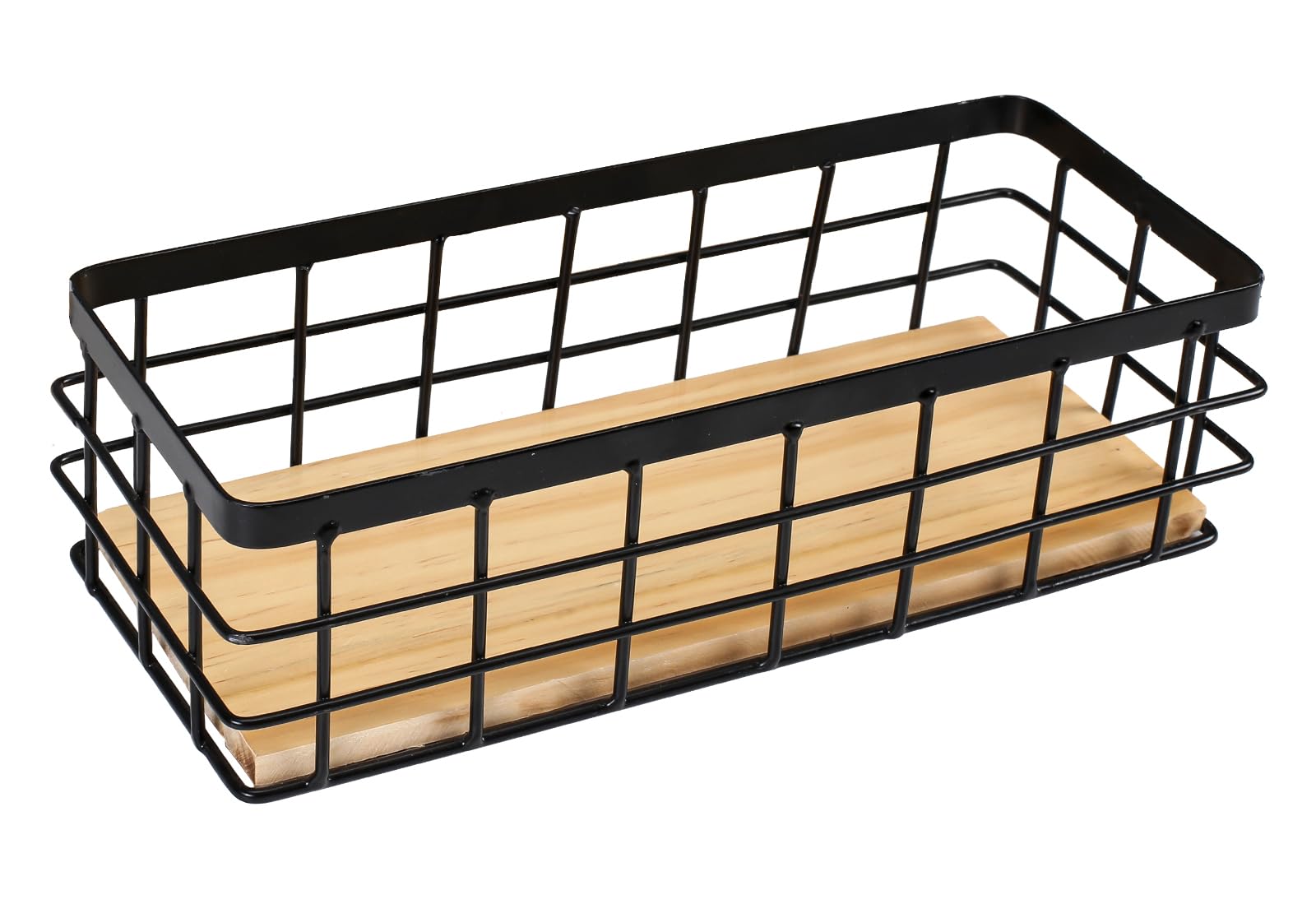 Gzsekken Wire Storage Basket Bins Organizer,Metal Wire Baskets Bathroom Detachable Wood Base Storage Organizer Bin Black Basket for Kitchen Cabinets, Bathroom, Pantry, Garage, Laundry Room