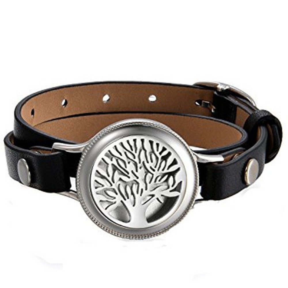 JewelryWe Aromatherapy Bracelet Round Hollow Out Tree of Life Case Essential Oil Diffuser and Perfume Leather Stainless Steel Fantasy Adjustable 30 cm, Leather, Without Stone, 30 cm, Leather, without
