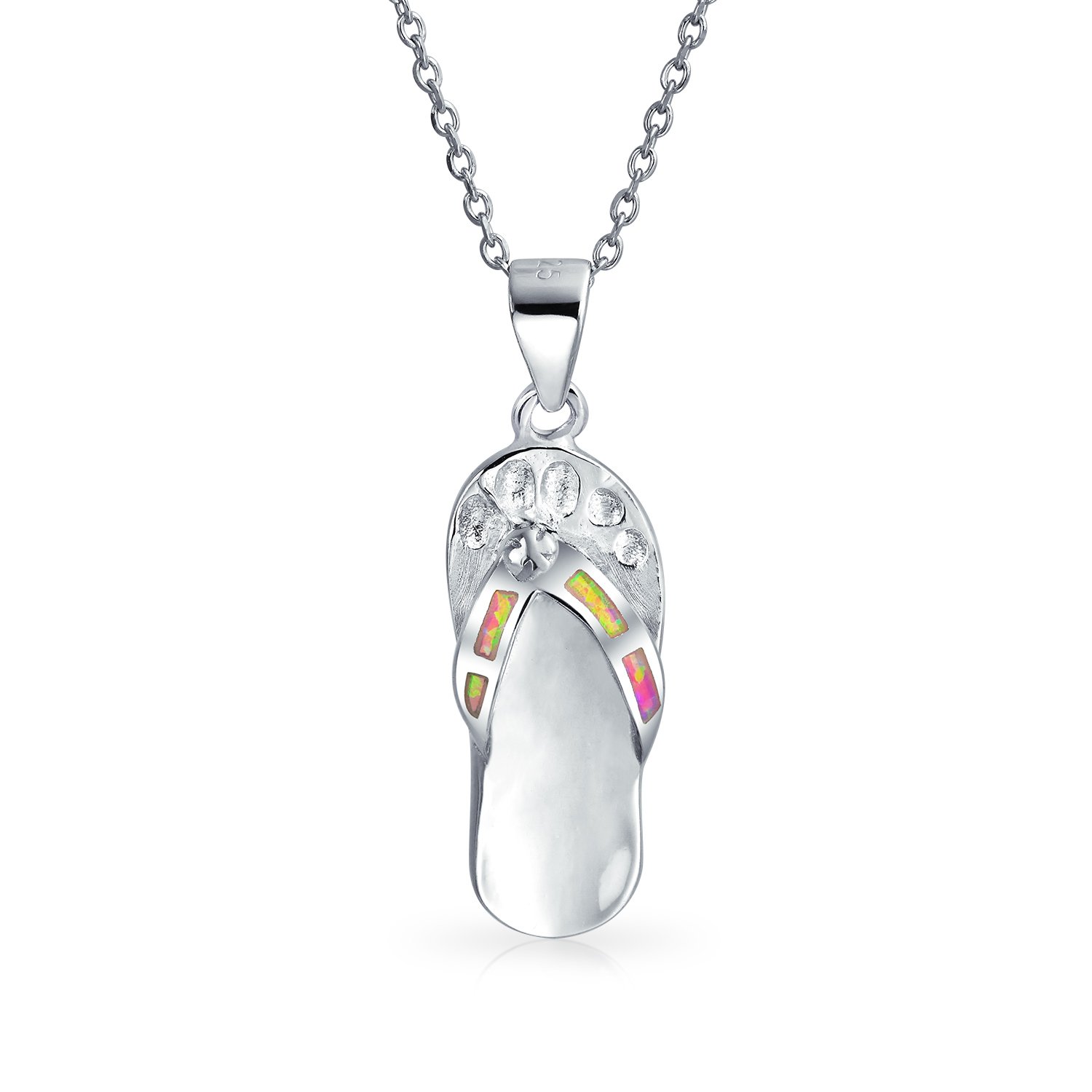 Pink Rainbow Created Opal Nautical Flip Flop Sandal Pendant Necklace For Women .925 Sterling Silver October Birthstone โ image 1