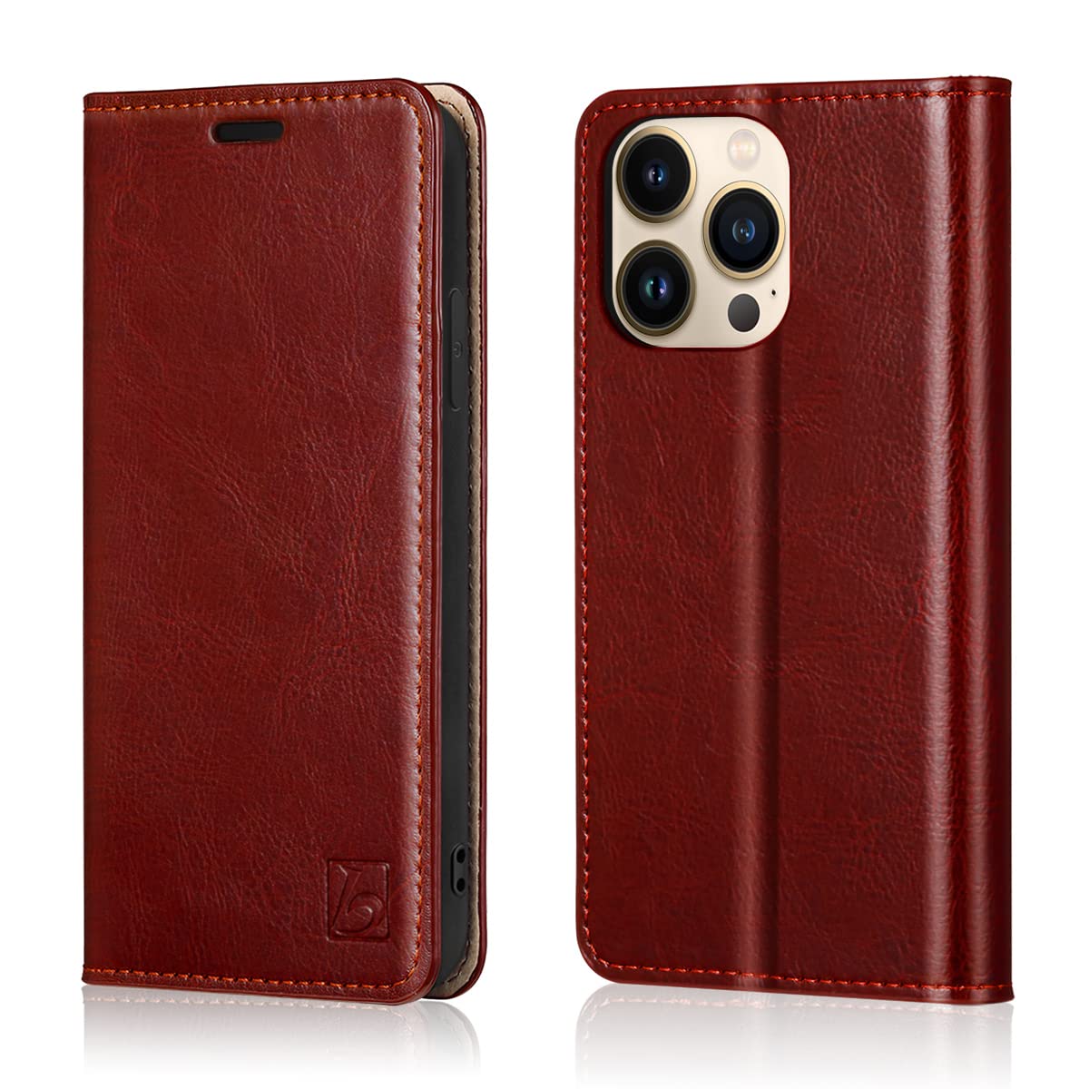 Belemay Compatible with iPhone 15 Pro Case Wallet-Genuine Leather-RFID Blocking Card Holders-Shockproof TPU Shell-Kickstand-Durable Flip Cover-Book Folding Phone Case Women Men (6.1-inch) Burgundy