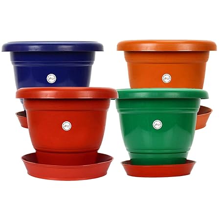 Gamla / Planter / Pot 10 - inch (set of 4 colourful pots) with round plastic plant saucer / bottom plate 6-inch (set of 4pcs) (colour may vary) for Garden Balcony Flowering Pot by Kraft Seeds