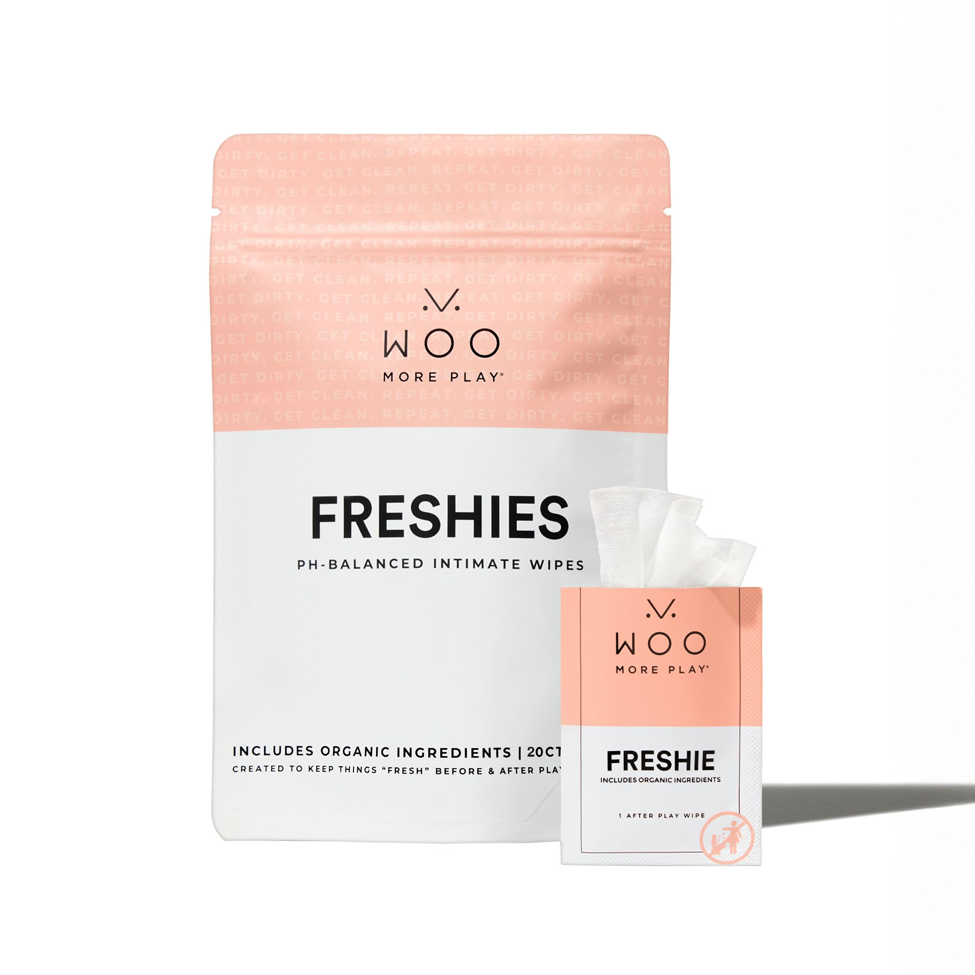 Woo More Play Freshies: All-Natural Feminine Intimacy Towelette Wipes with Coconut Water and Aloe Vera, Promotes Feminine Health & Helps Alleviate Irritation - Vegan and Cruelty Free, 20ct Image