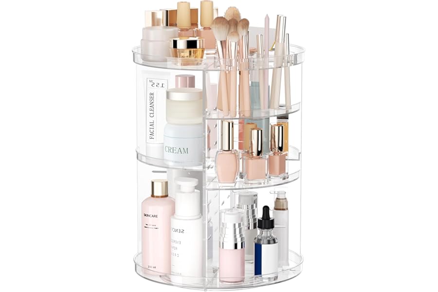 Rotating Makeup Organizer, DIY 8 Adjustable Layers Spinning Skincare Organizer, Cosmetic Display Case with Brush Holder Perfume Tray, Multi-Function Storage Carousel for Vanity Bathroom Countertop