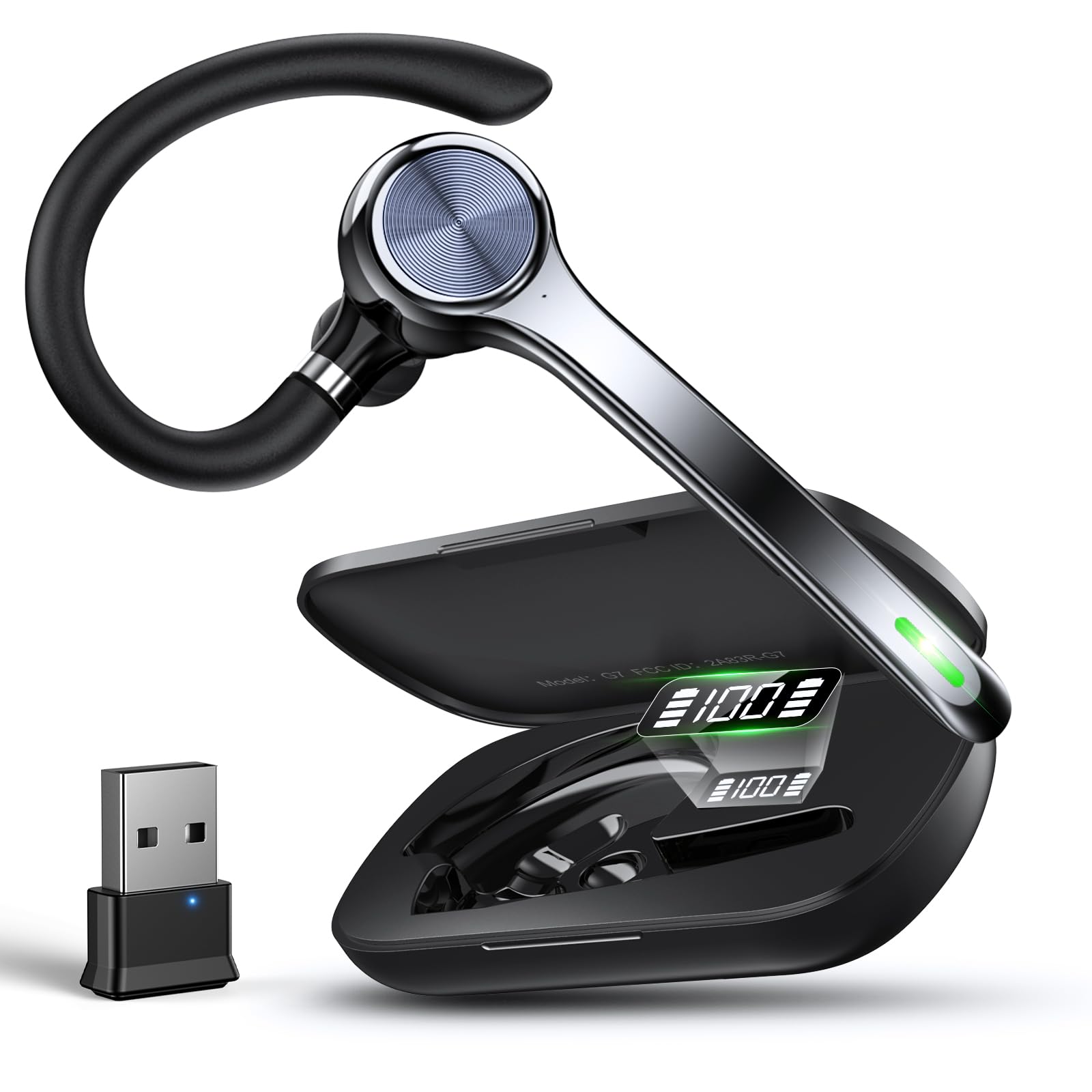 Ngsod Bluetooth Headset, Wireless Earpiece with Upgrade Noise Canceling Mic,500mAh Charging Case Support 72H Talking Time,Hand-Free Headphones with Mute Button for Computer Cell Phones Trucker Work