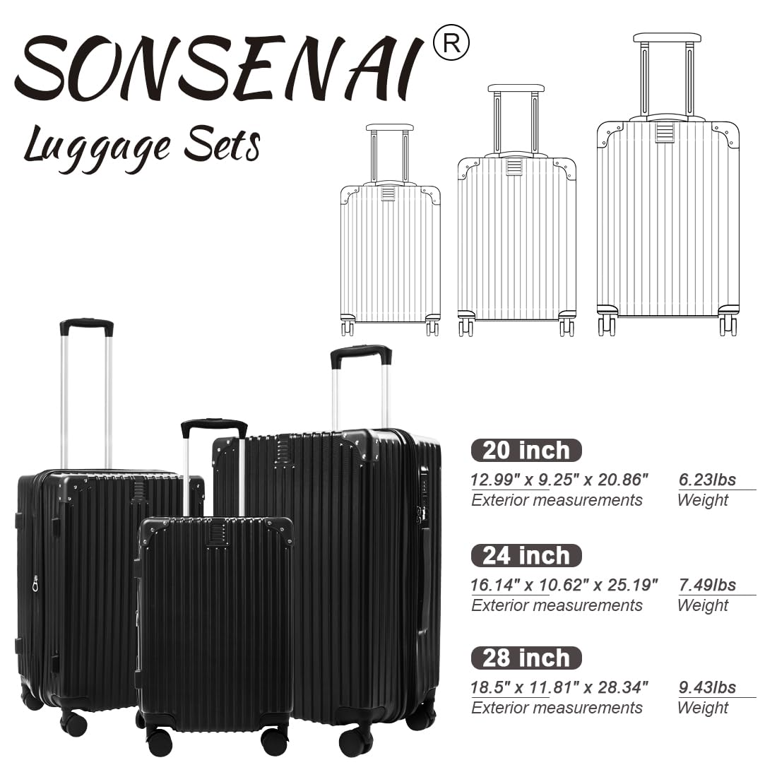 SONSENAI 3-Piece Expandable Luggage Set Suitcase in Classic Black -Double Wheel Stability & Secure TSA Locks(20in24in28in)