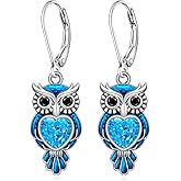 Owl Earrings for Women Sterling Silver Heart Blue Owl Dangle Earrings Leverback Halloween Jewelry Owls Gifts
