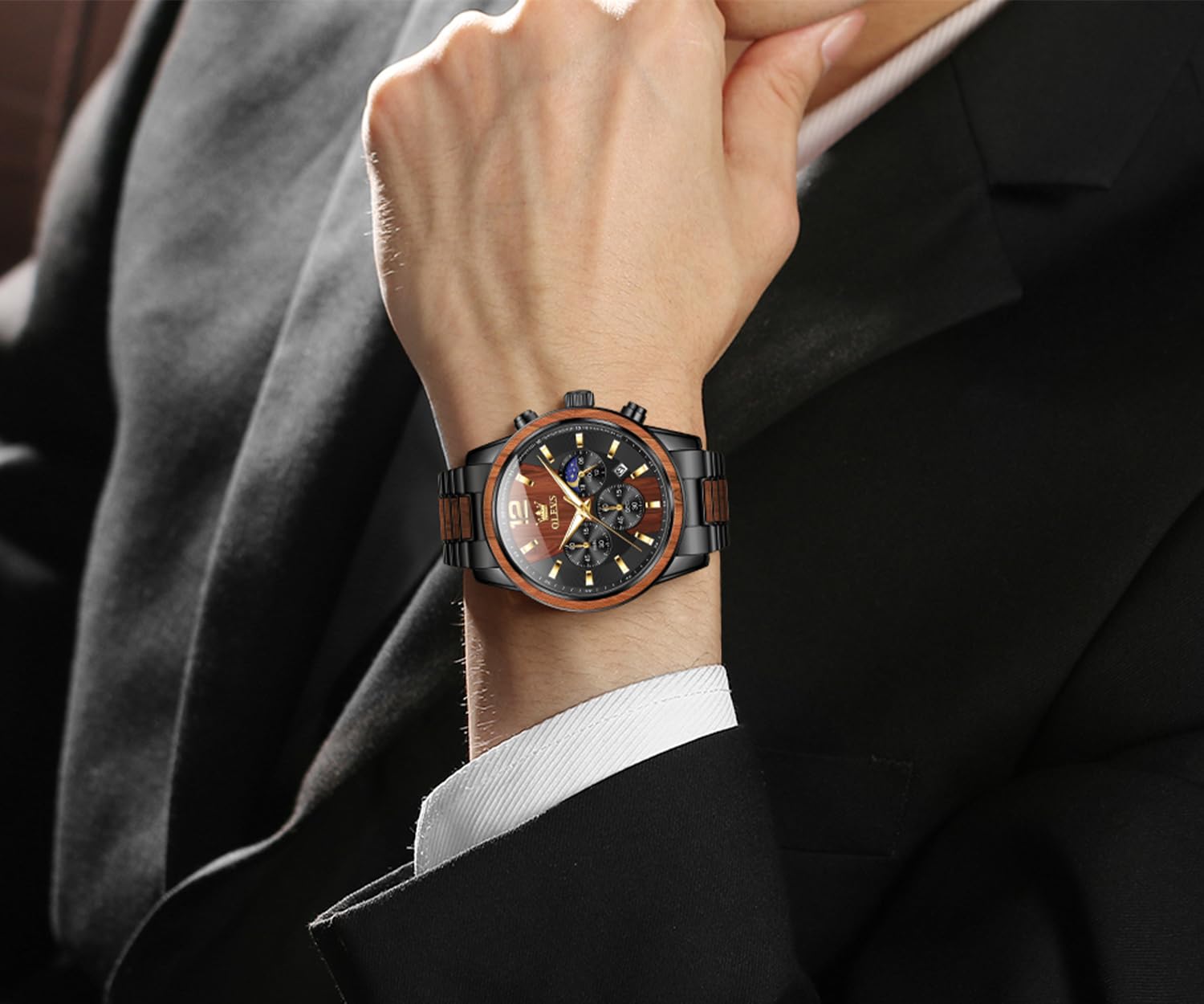 OLEVS Uhren Herren Echtholz Armband wasserdichte Quarzuhr Modische Business Freizeituhr 6
