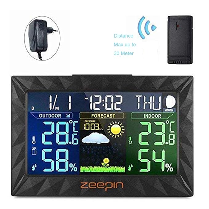 ZEEPIN Funkwetterstation mit LCD Farbdisplay inkl. Außensensor (Temperatur & Luftfeuchtigkeitsanzeige | Datumsanzeige| Wetter