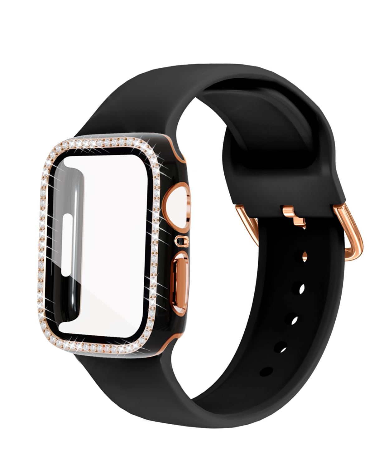 Photo 1 of Compatible with Bling Apple Watch Band 38mm 40mm 41mm 42mm 44mm 45mm for Women, Soft Silicone Strap with Glitter Diamond Case + Glass Screen Protector for iWatch Series 9 8 7 6 5 4 3 2 1 (41mm, Black)