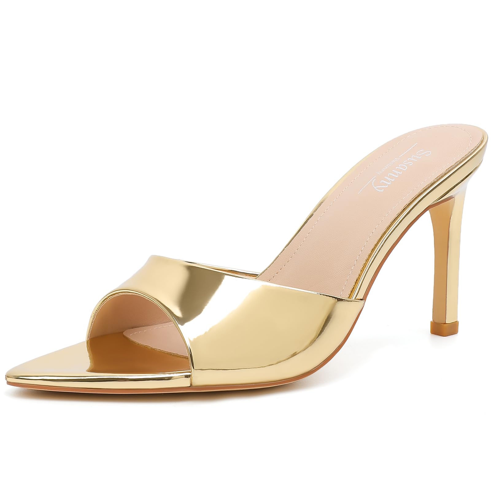 Photo 1 of Susanny Gold Mule Heels for Women Pointed Open Toe Sexy Slip on High Heeled Sandals Stiletto Dress Comfortable Backless Mules Shoes Wedding Bridal Parties Vacation Casual Office Work Shoes 9