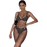 SIQITECHNO Womens Rhinestone Fishnet Dress Sleeveless See Through Mesh Mini Skirt Sexy Hollow Out Swimsuit Cover up