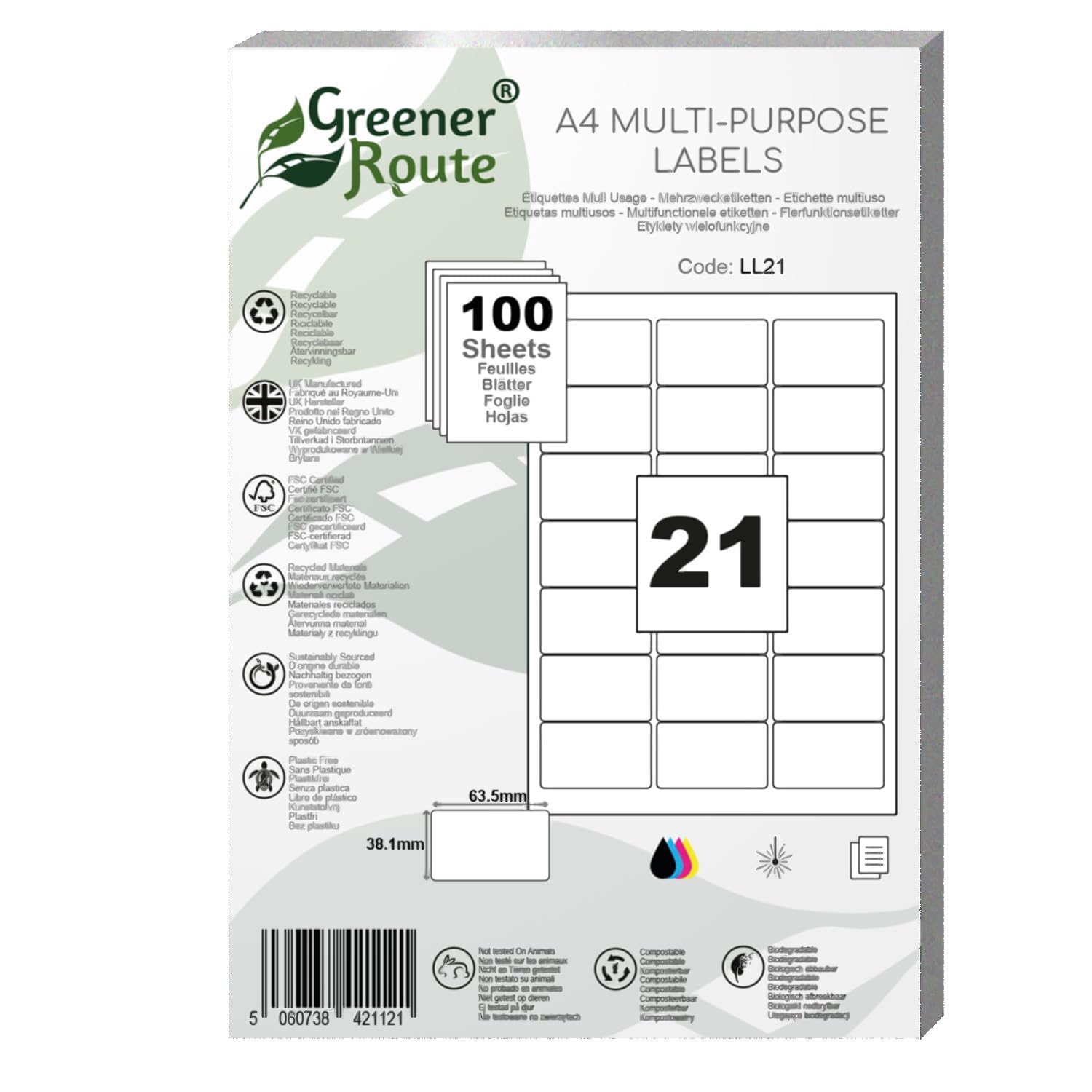 [Pack of 100 Sheets, 2100 Labels] 21 Multi-Purpose Address Labels per A4 Sheet (63.5x38.1mm) by Greener Route™ - FSC Certified, self Adhesive, Round Corner Stickers - Laser, Copier, Inkjet