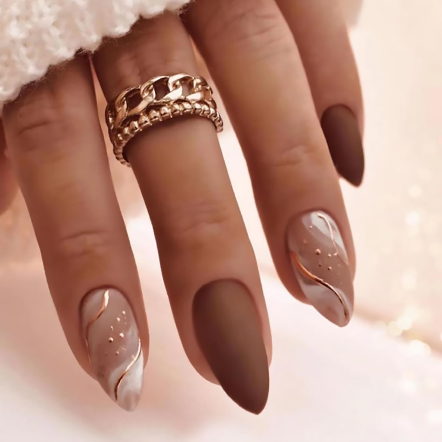 Photo 1 of Tyuimhx Medium Press on Nails Almond Fake Nails With Gold Line Designs Brown Matte False Nails Full Cover Stick on Nails Reusable Artificial Nails Glue on Nails for Women Girls Nails Decorations 24Pcs