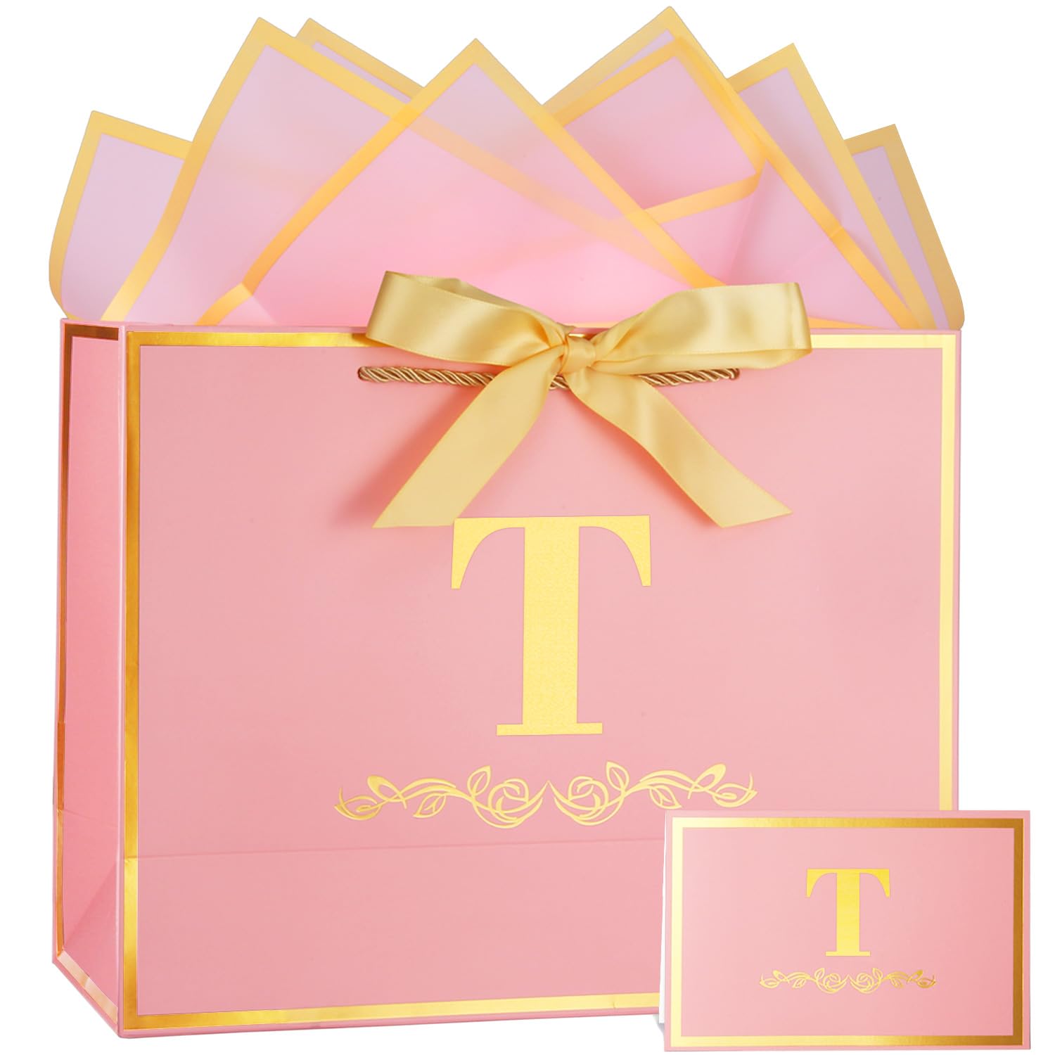 Photo 1 of Initial Birthday Gift Bag with Card and Tissue Paper for Women/ Her, 13" Large Pink Gold Personalized Alphabet Bow Bag, Birthday Decorations for Women, Bridal Party Paper Bags for Gifts Wrapping