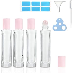 COARVXA 4 Pack 10ml Rose Quartz Roller Ball Oil Roller Bottles Thick Clear Glass Roll On Bottles Refillable Leak-Proof For Sk