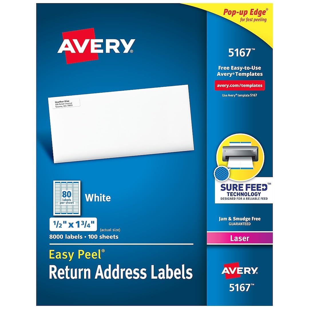 Avery 5167 Mailing Address Labels for Laser Printers | 1/2 x 1-3/4 Permanent Adhesive Labels, Pack of 9,200