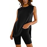 Outfeel Women Two Piece Short Set Summer Sweatsuit Beach Outfits Sleeveless Tunic Top and Shorts Lounge Set