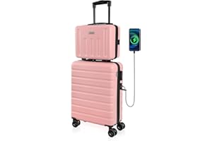 AnyZip Suitcase, 20" Carry On Luggage 14" Mini Cosmetic Cases Luggage Sets Hardside PC ABS Lightweight USB Suitcase with Wheels TSA (2 Piece Set 14/20, Pink)