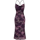SOLY HUX Women's Floral Mesh Bodycon Cami Dress Cowl Neck Sleeveless Cocktail Party Wedding Guest Long Maxi Dresses