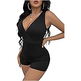 Milumia Women's Deep V Neck Sleeveless Romper Ribbed Wrap One Piece Workout Jumpsuit