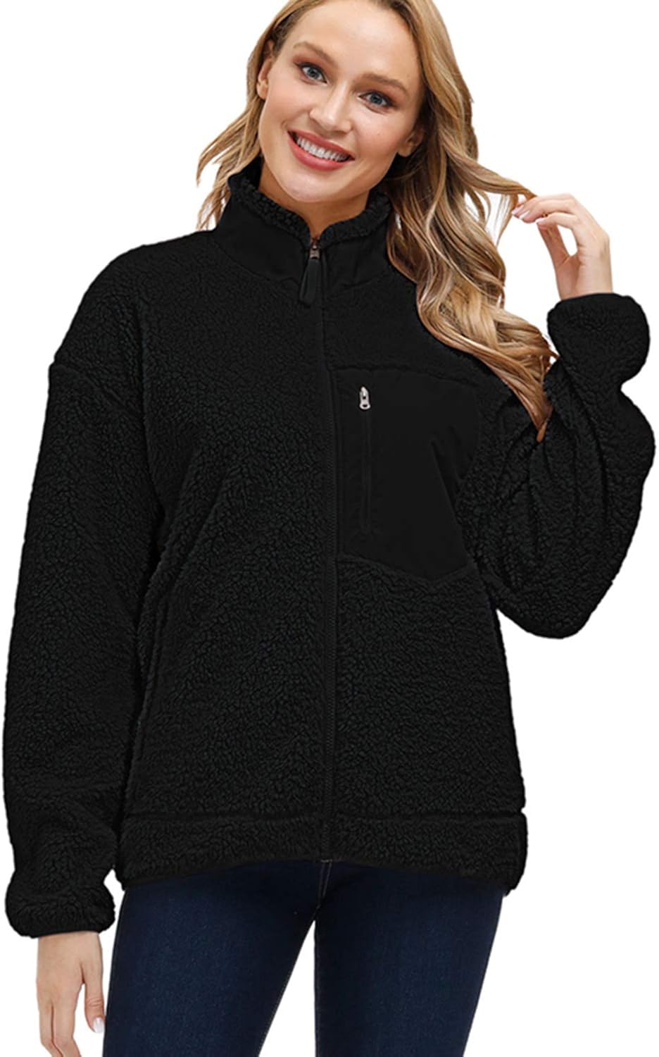 Kisscynest Women's Full Zip Fleece Jacket Stand Collar Fuzzy Fluffy Warm Winter Sherpa Coat: Clothing