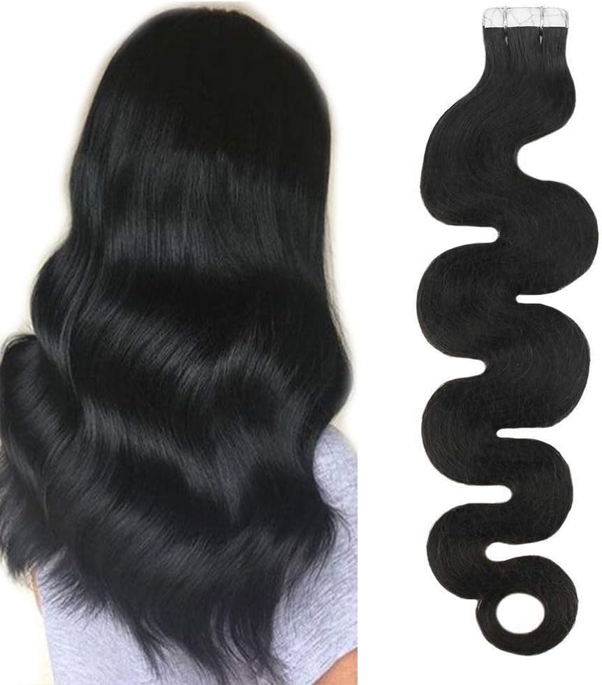 Hetto Tape in Wavy Hair Extensions 100% Real Remy Tape in Human Hair Black Body Wave Tape in Hair Extensions Natural Black 20Pcs 50g/Pack