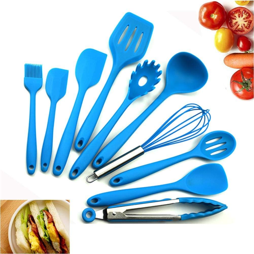 JJLn Cooking Silicone Kitchenware Non-Toxic Heat-Resistant Non-Stick Cooker Bakery Set Kitchen Cookware Tools 10pcs (Blue)