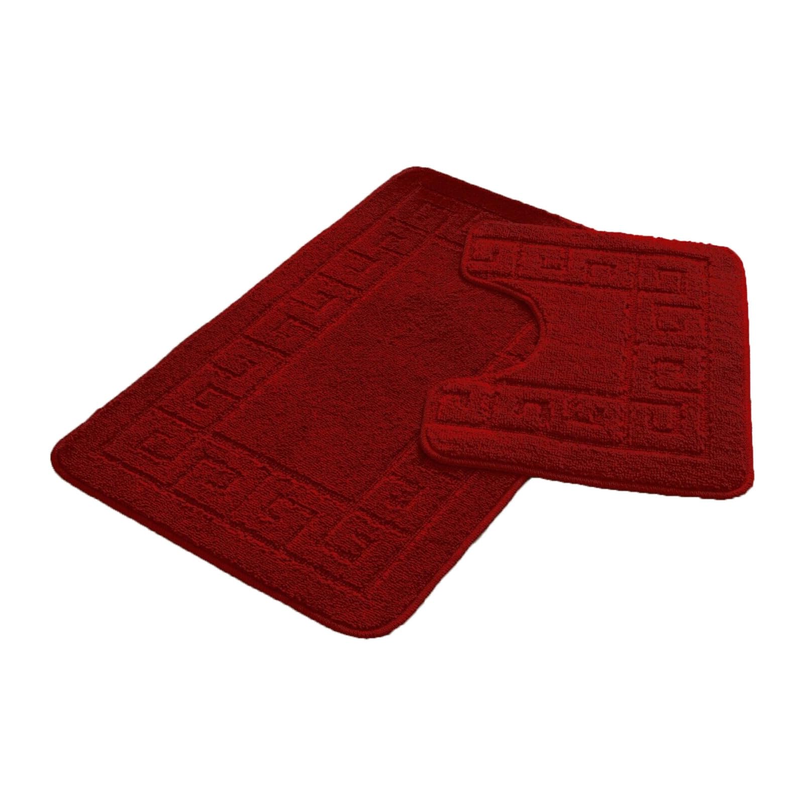 FAIRWAYUK Bathroom Mats Sets 2 Pieces, Ultra Plush Greek Pattern Bath Toilet Mat Anti Slip Pedestal Set, Extra Absorbent 100% Polypropylene Rug, Bathroom Accessory (Red)