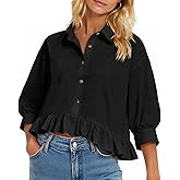 Cicy Bell Womens Cropped Button Down Shirts 3/4 Length Sleeve Casual Cotton Blouses Loose Fit Ruffle Hem Tops