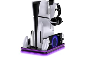 EJGAME PS5 / PS5 Slim Stand and Cooling Station with RGB LED Controller Charging Station for PlayStation 5 Console, PS5 Portal Charging Dock, PS5 / PS5 Slim Accessories with 3 Level Cooling Fan