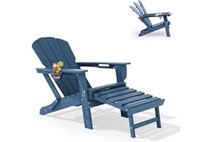 LOUNZY Folding Adjustable Adirondack Chair with Retractable Ottoman, HDPE Recliner Adirondack Chair with Cup Holder for Deck 