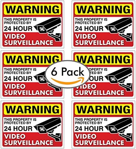 (Set of 6) 24 HR Video Surveillance Sign - 3" x 4" - 4 Mil Vinyl - Laminated for Ultimate Protection & Durability - Self Adhesive Decal - UV Protected & Weatherproof - Heavy Duty
