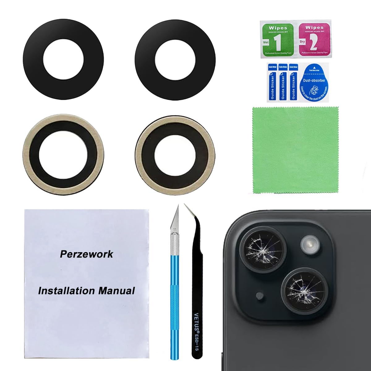 Photo 1 of Perzework OEM Back Rear Camera Lens Glass Replacement for iPhone 15 and iPhone 15 Plus with pre-Installed Adhesive and Reparing Toolkit
