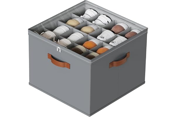 Oterri Sturdy Shoe Storage Bin - Foldable Stackable Shoe Box Organizer, Shoes Organizer Storage with Adjustable Dividers, Cle